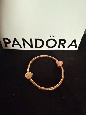 Pandora Rose Gold Heart Charm Snake Chain Bracelet with Pink Accent